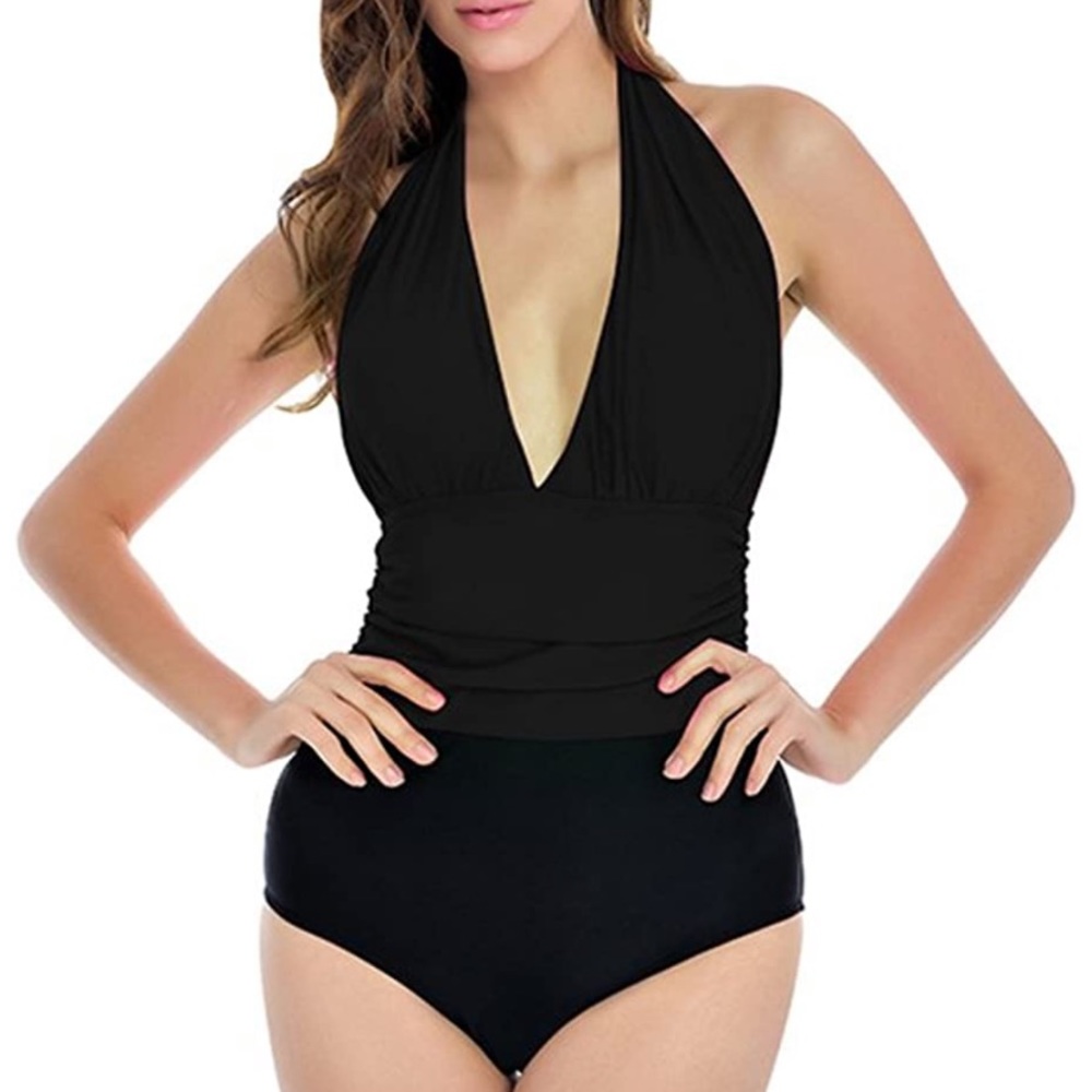 Plunging black halter one piece
